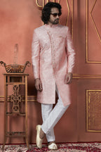 Light Pink Art Silk Traditional Indo Western Sherwani Kurta with Jacket & Pant for Men - Thread Embroidery Work