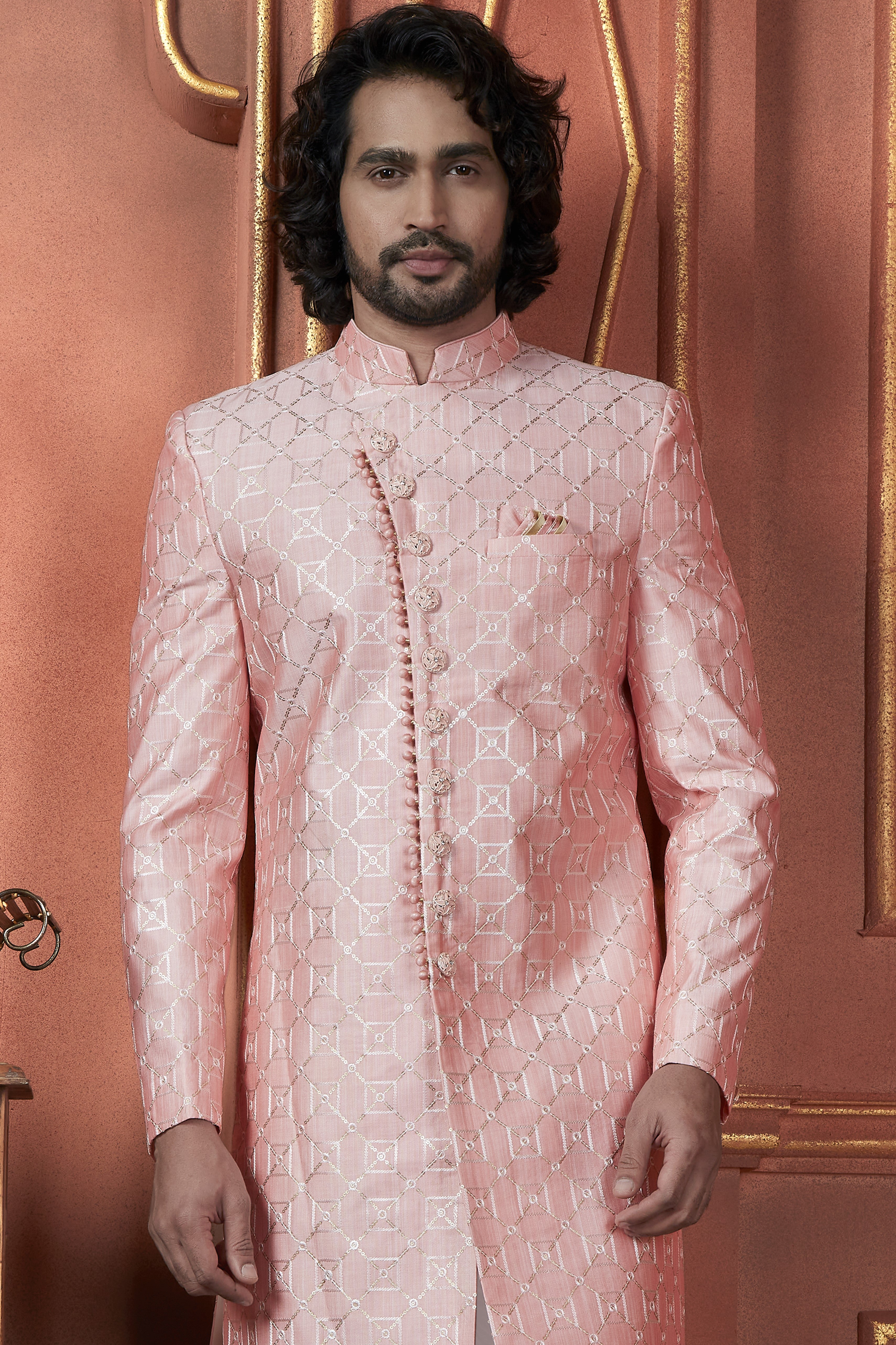Light Pink Art Silk Traditional Indo Western Sherwani Kurta with Jacket & Pant for Men - Thread Embroidery Work