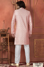 Light Pink Art Silk Traditional Indo Western Sherwani Kurta with Jacket & Pant for Men - Thread Embroidery Work