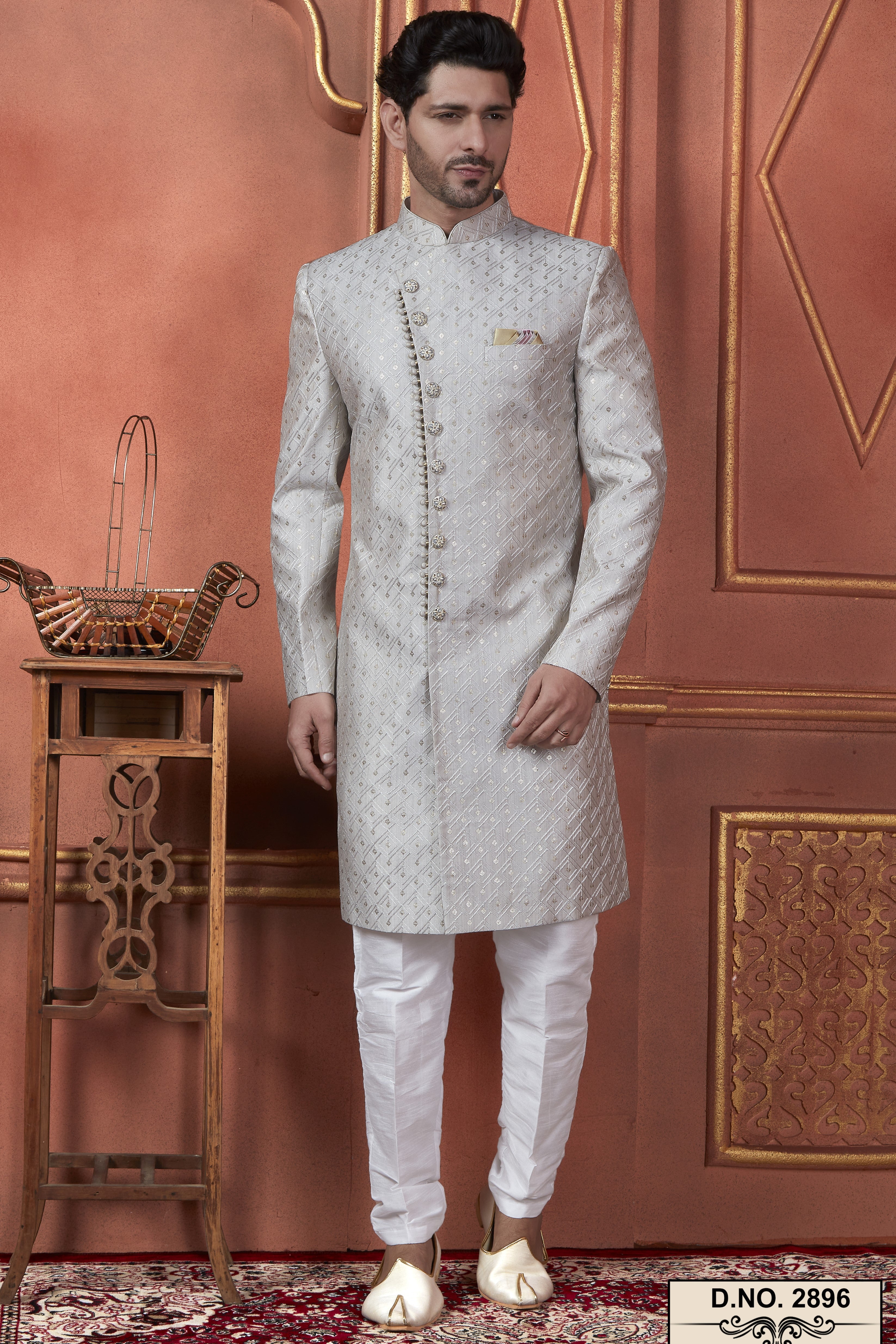 Gray Art Silk Traditional Indo Western Sherwani Kurta with Jacket & Pant for Men - Thread Embroidery Work