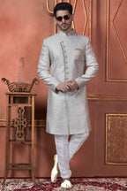 Gray Art Silk Traditional Indo Western Sherwani Kurta with Jacket & Pant for Men - Thread Embroidery Work