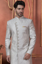 Gray Art Silk Traditional Indo Western Sherwani Kurta with Jacket & Pant for Men - Thread Embroidery Work