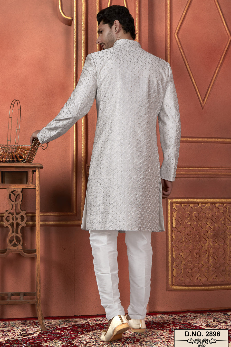 Gray Art Silk Traditional Indo Western Sherwani Kurta with Jacket & Pant for Men - Thread Embroidery Work