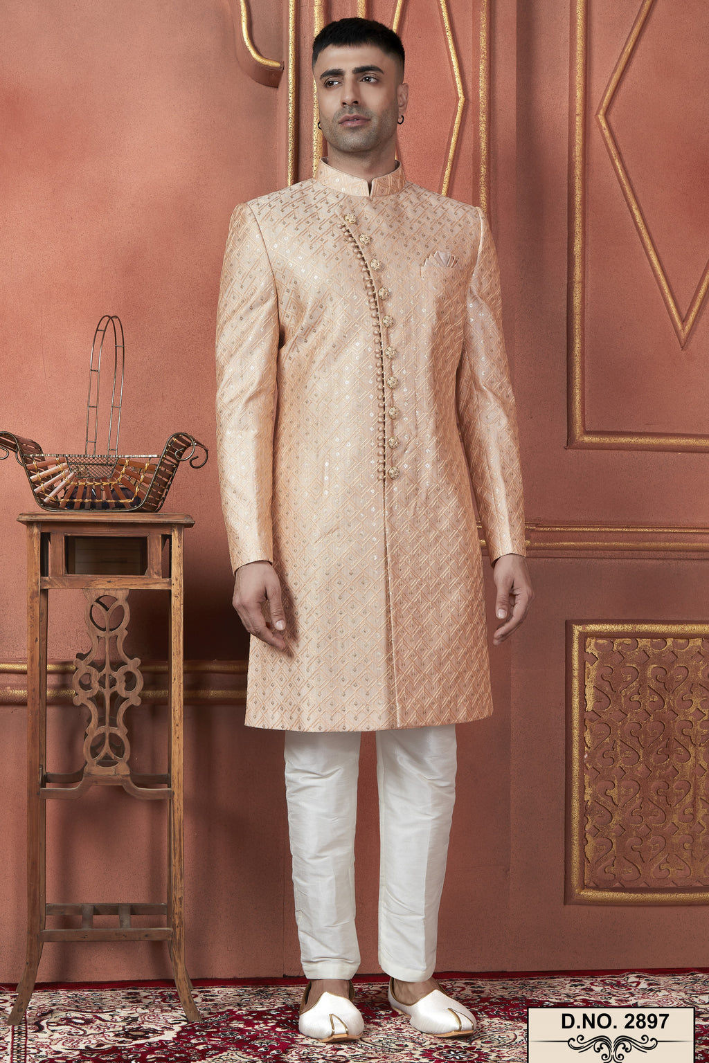 Peach Art Silk Traditional Indo Western Sherwani Kurta with Jacket & Pant for Men - Thread Embroidery Work