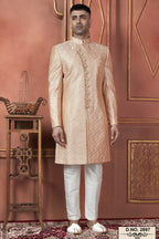 Peach Art Silk Traditional Indo Western Sherwani Kurta with Jacket & Pant for Men - Thread Embroidery Work
