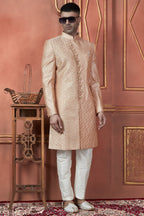 Peach Art Silk Traditional Indo Western Sherwani Kurta with Jacket & Pant for Men - Thread Embroidery Work