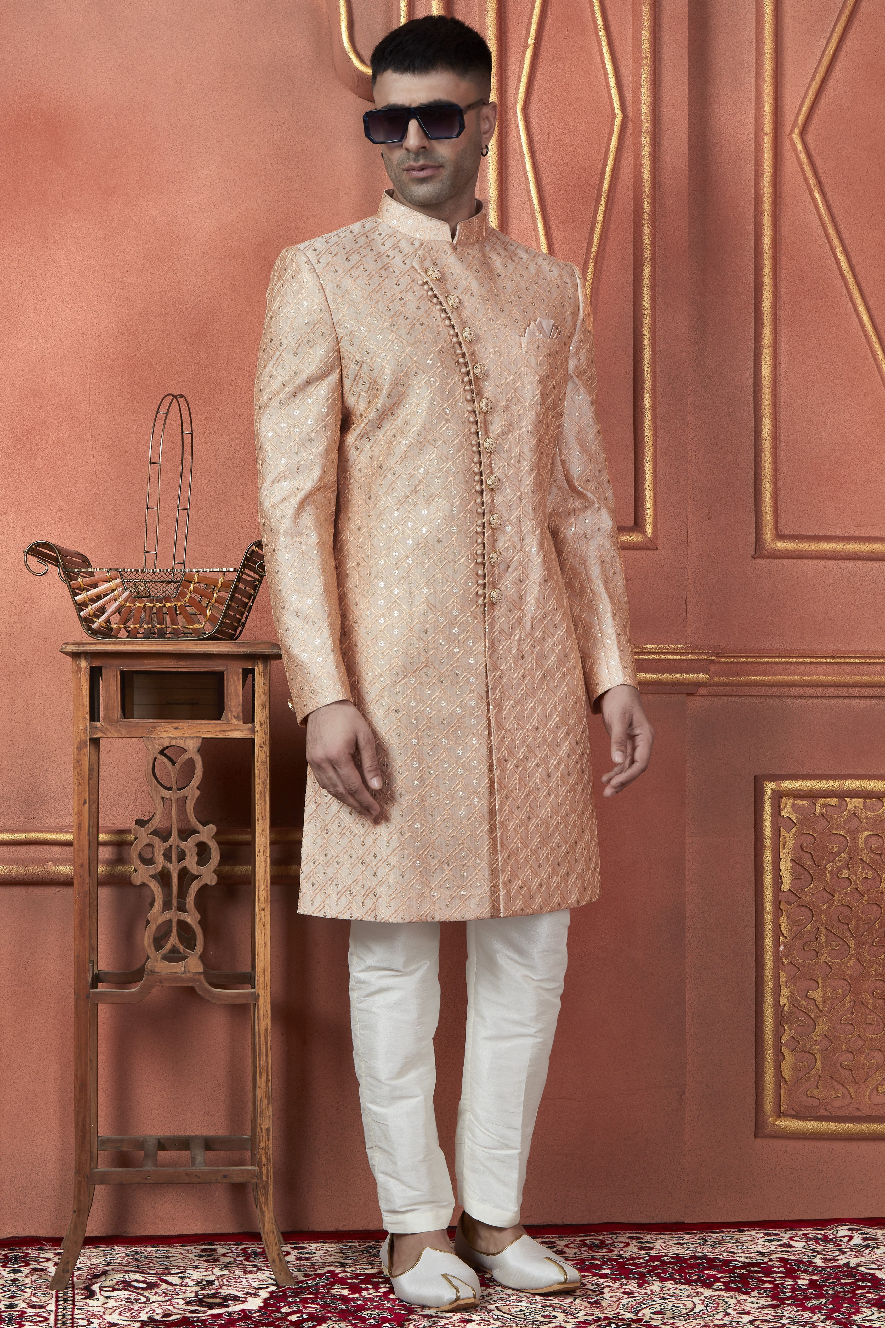 Peach Art Silk Traditional Indo Western Sherwani Kurta with Jacket & Pant for Men - Thread Embroidery Work