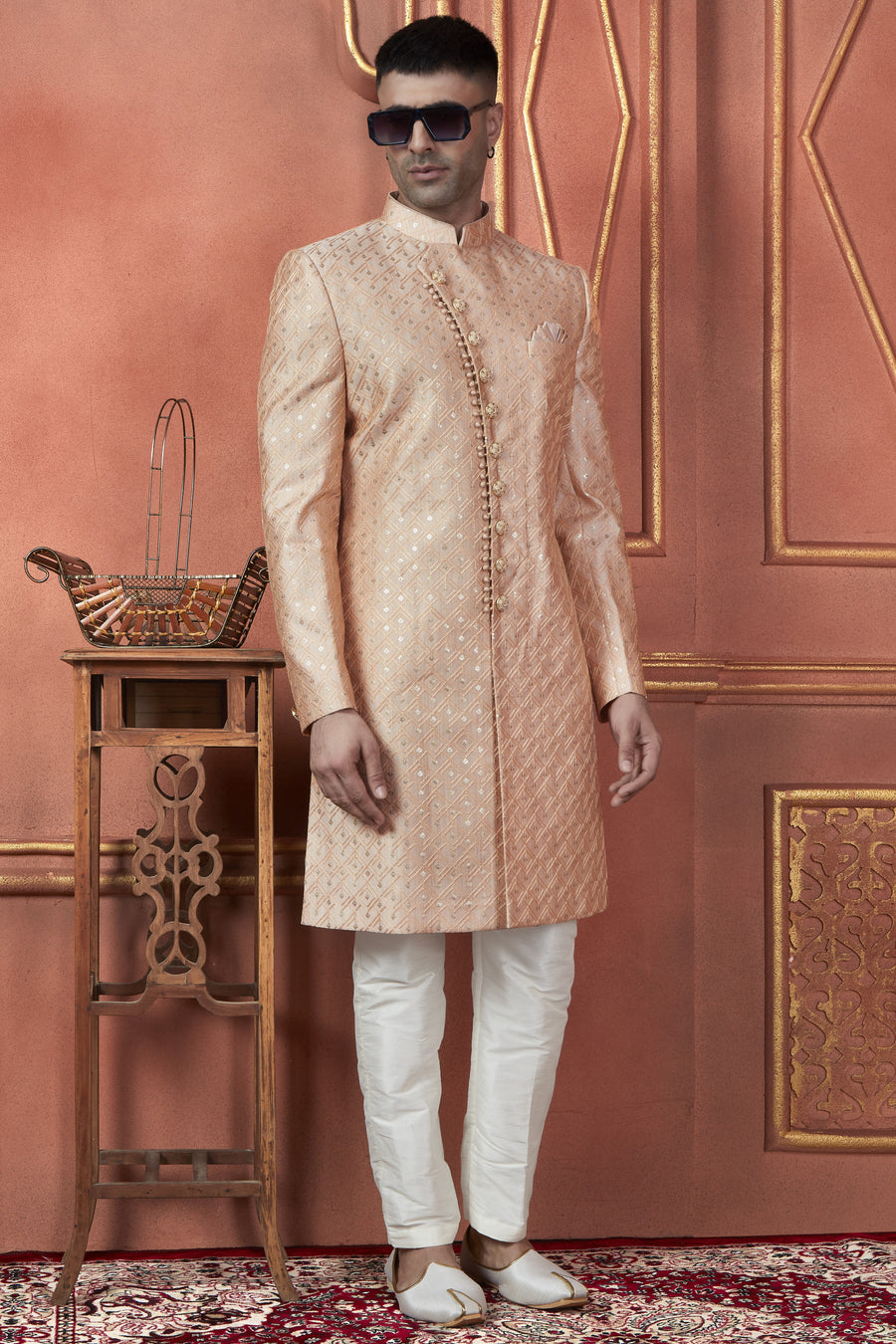 Peach Art Silk Traditional Indo Western Sherwani Kurta with Jacket & Pant for Men - Thread Embroidery Work
