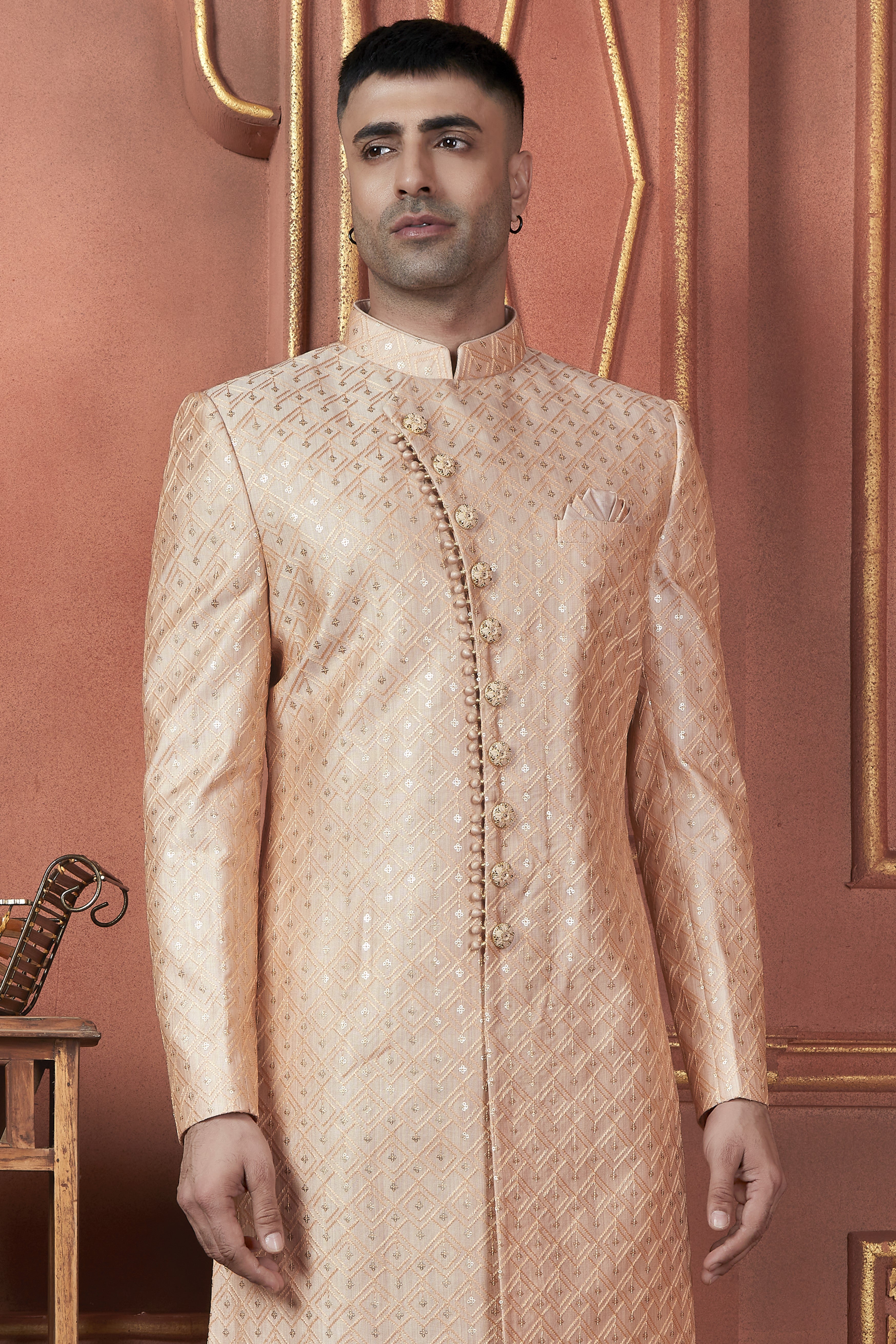Peach Art Silk Traditional Indo Western Sherwani Kurta with Jacket & Pant for Men - Thread Embroidery Work