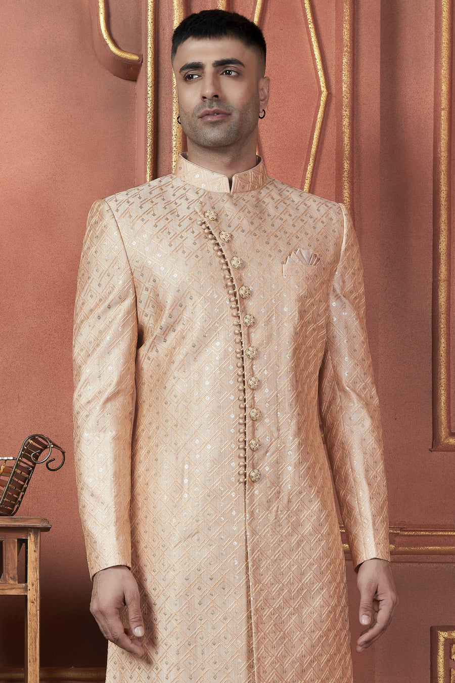 Peach Art Silk Traditional Indo Western Sherwani Kurta with Jacket & Pant for Men - Thread Embroidery Work