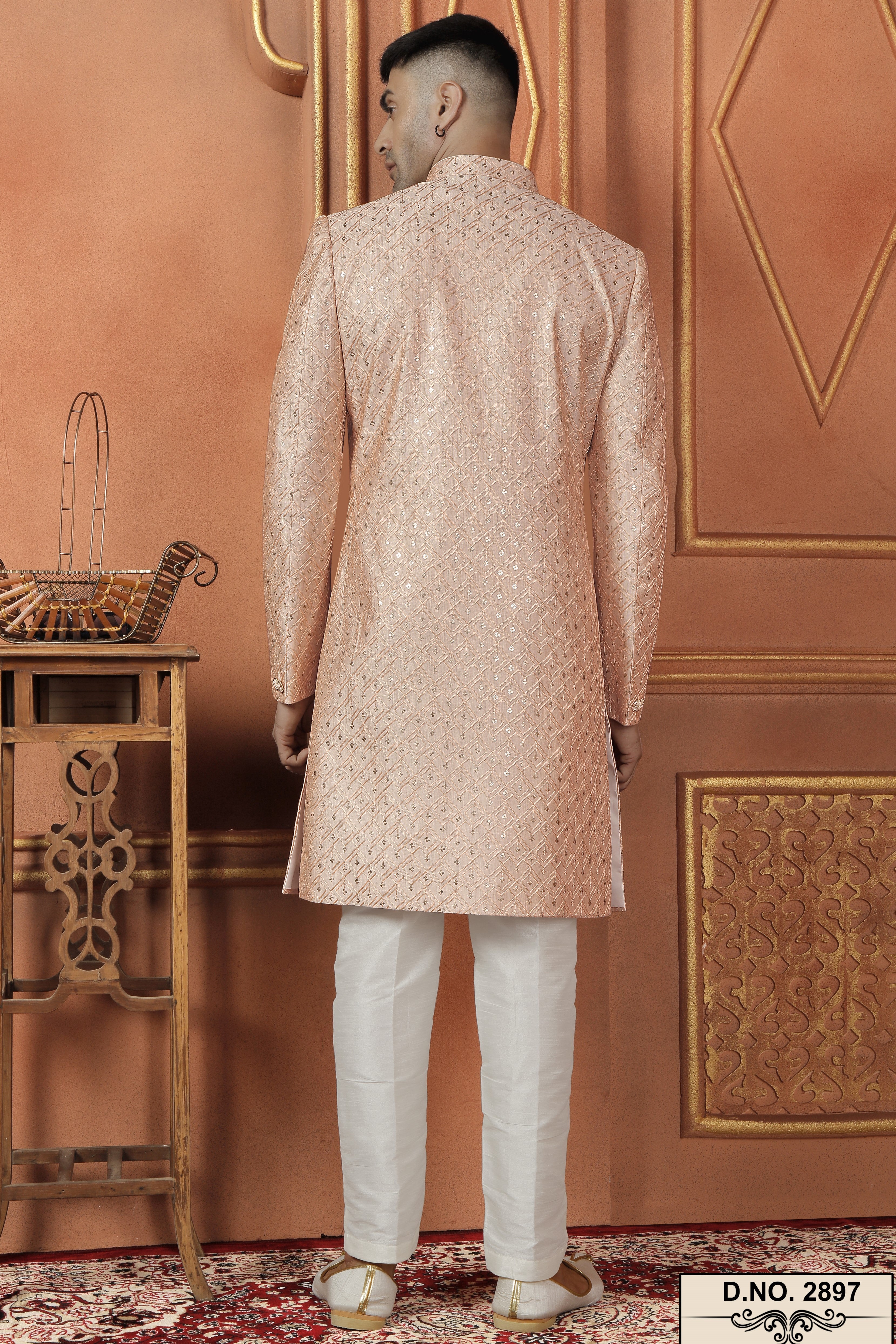 Peach Art Silk Traditional Indo Western Sherwani Kurta with Jacket & Pant for Men - Thread Embroidery Work