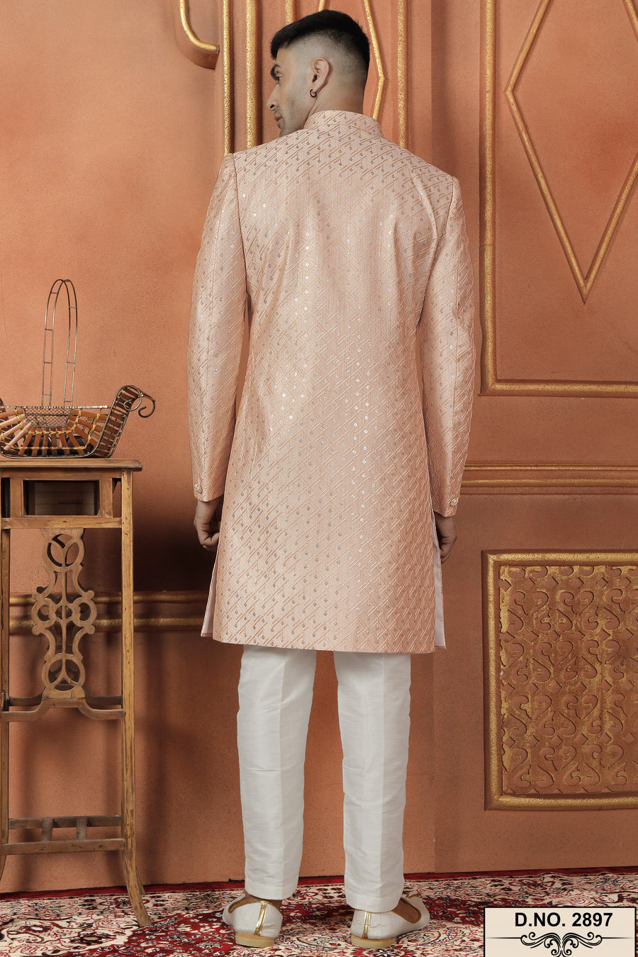 Peach Art Silk Traditional Indo Western Sherwani Kurta with Jacket & Pant for Men - Thread Embroidery Work