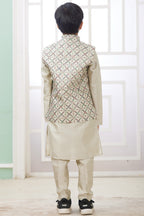 Beige Art Silk 3 Piece Kids Wear Boys Suit Kurta Pajama with Waistcoat Nehru Jacket for Kids for Festivals & Wedding - Embroidery Work