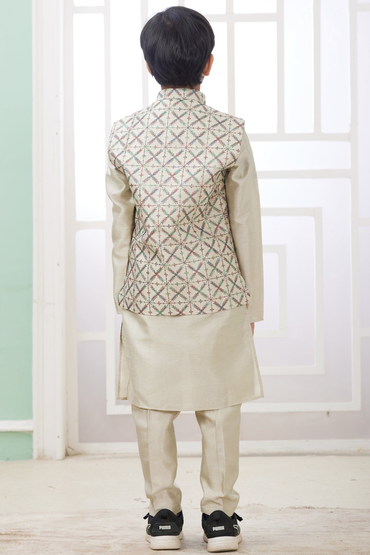 Beige Art Silk 3 Piece Kids Wear Boys Suit Kurta Pajama with Waistcoat Nehru Jacket for Kids for Festivals & Wedding - Embroidery Work