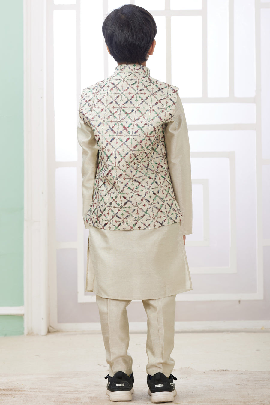 Beige Art Silk 3 Piece Kids Wear Boys Suit Kurta Pajama with Waistcoat Nehru Jacket for Kids for Festivals & Wedding - Embroidery Work