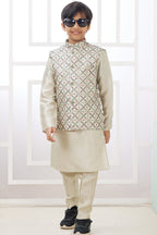 Beige Art Silk 3 Piece Kids Wear Boys Suit Kurta Pajama with Waistcoat Nehru Jacket for Kids for Festivals & Wedding - Embroidery Work