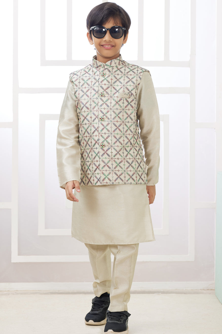 Beige Art Silk 3 Piece Kids Wear Boys Suit Kurta Pajama with Waistcoat Nehru Jacket for Kids for Festivals & Wedding - Embroidery Work