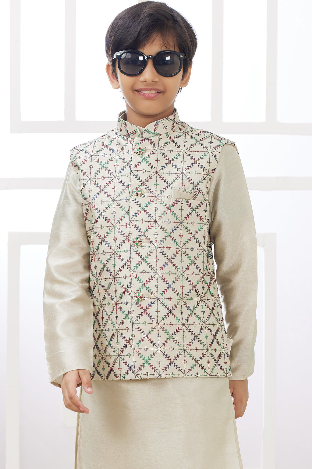 Beige Art Silk 3 Piece Kids Wear Boys Suit Kurta Pajama with Waistcoat Nehru Jacket for Kids for Festivals & Wedding - Embroidery Work