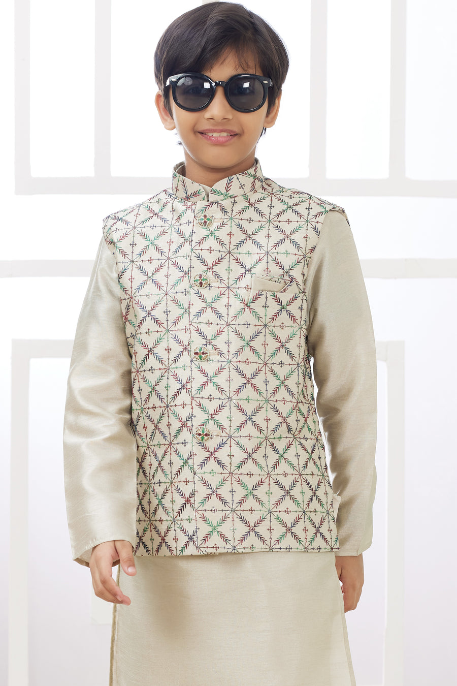Beige Art Silk 3 Piece Kids Wear Boys Suit Kurta Pajama with Waistcoat Nehru Jacket for Kids for Festivals & Wedding - Embroidery Work