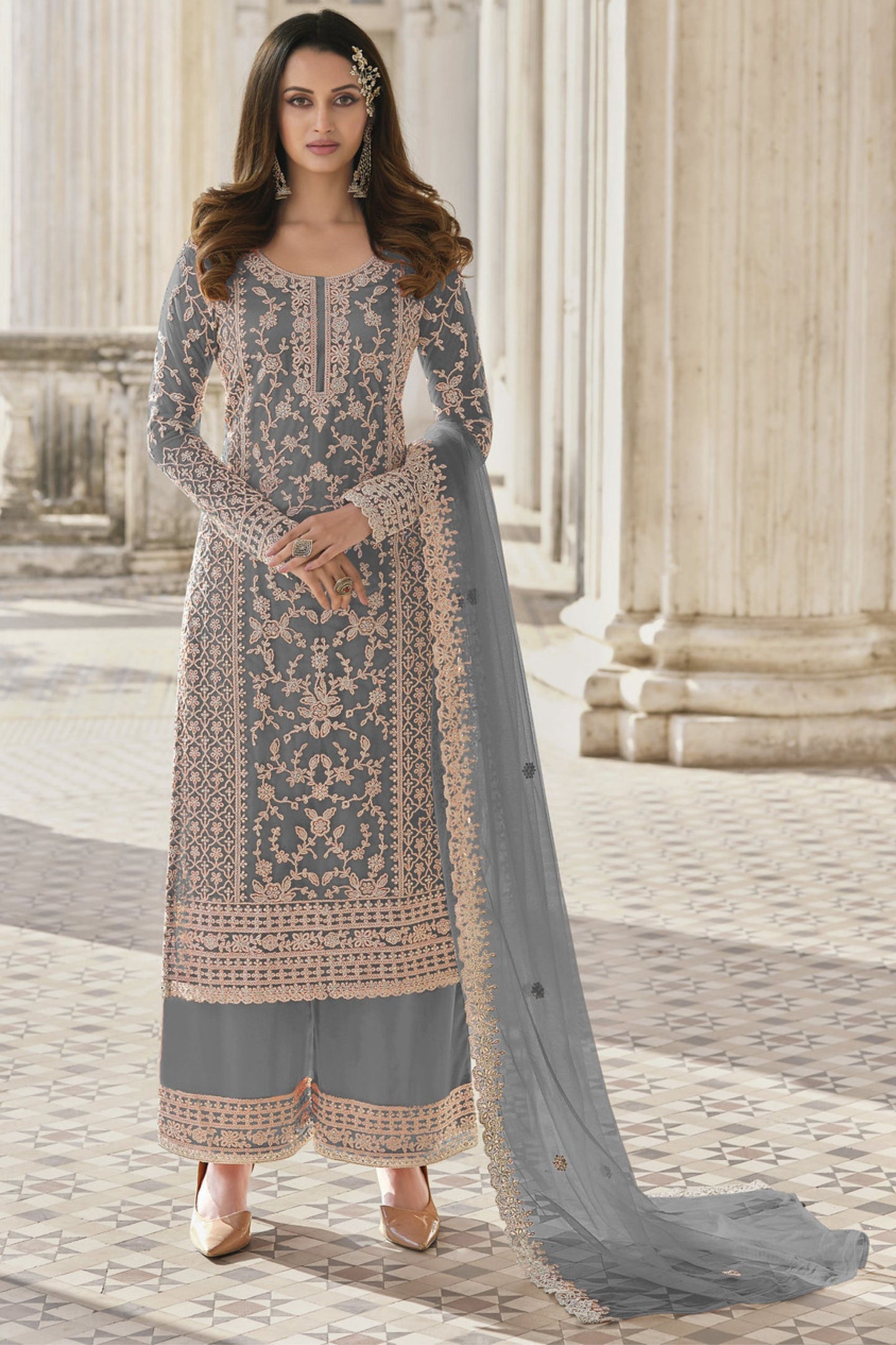 Gray Net & Cording Work Salwar Kameez Plazzo Suit For Indian Wedding & Festival - Embroidery Work, Cording Work