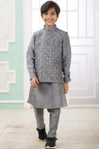 Gray Art Silk 3 Piece Kids Wear Boys Suit Kurta Pajama with Waistcoat Nehru Jacket for Kids for Festivals & Wedding - Embroidery Work