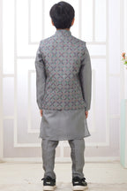 Gray Art Silk 3 Piece Kids Wear Boys Suit Kurta Pajama with Waistcoat Nehru Jacket for Kids for Festivals & Wedding - Embroidery Work