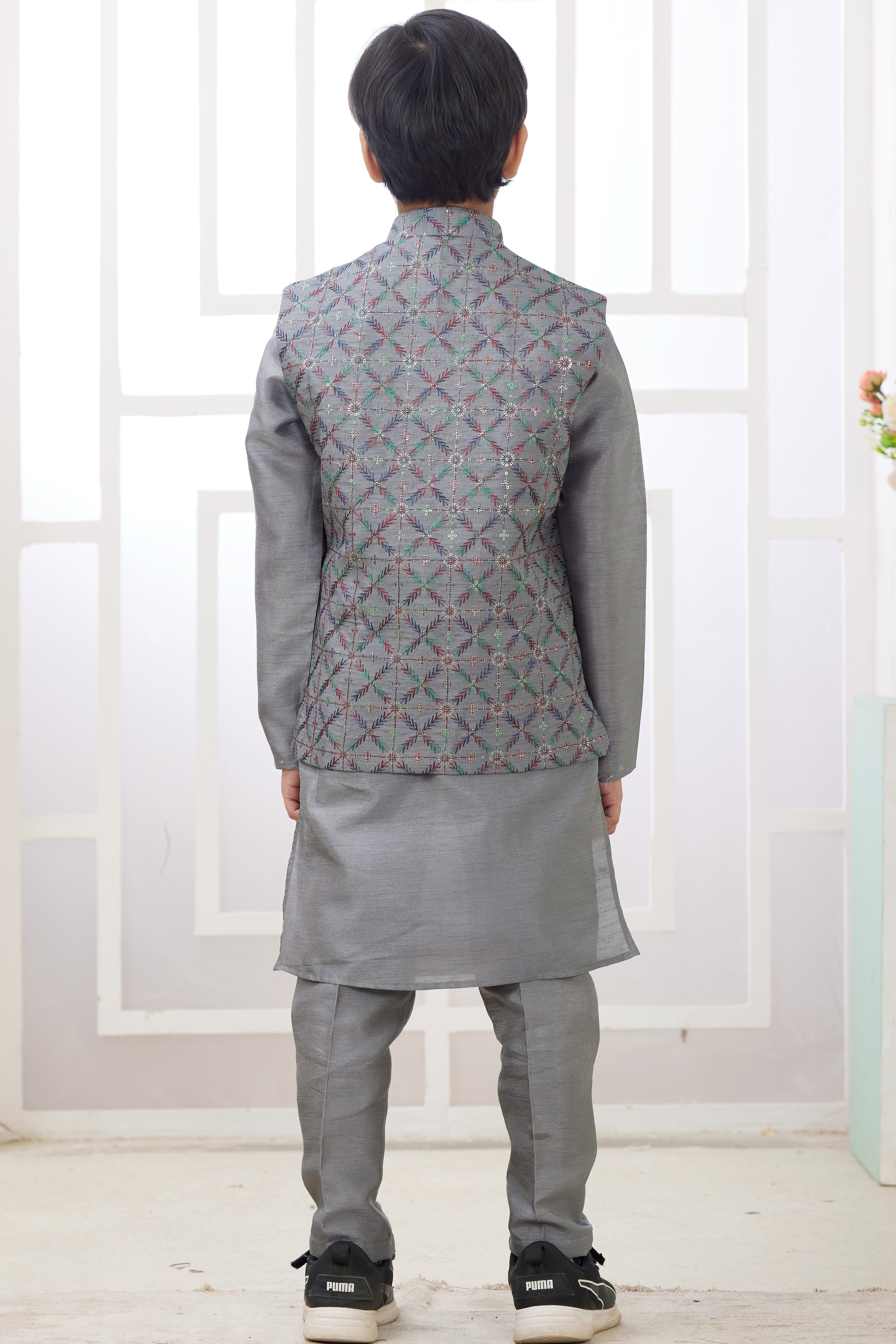 Gray Art Silk 3 Piece Kids Wear Boys Suit Kurta Pajama with Waistcoat Nehru Jacket for Kids for Festivals & Wedding - Embroidery Work