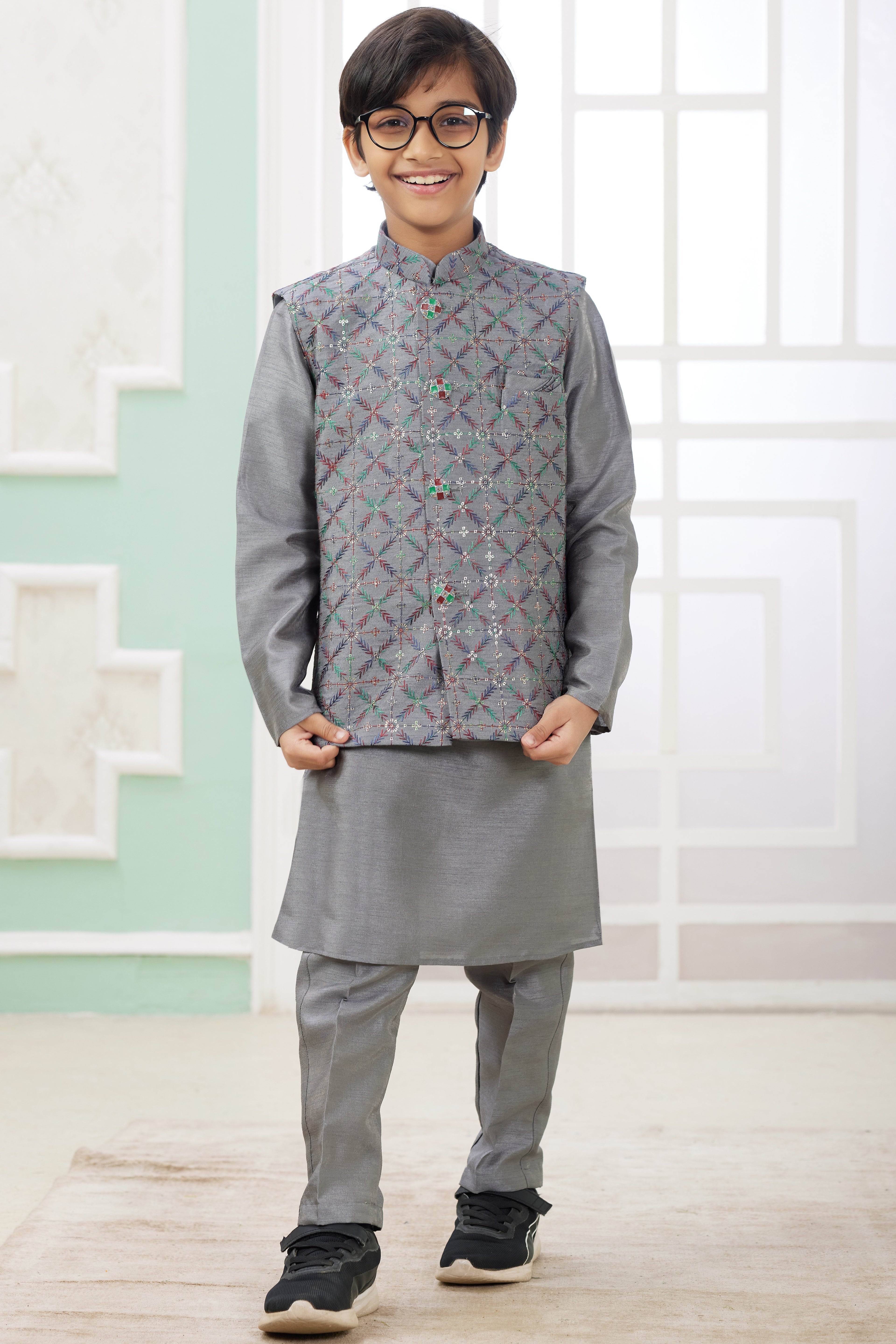 Gray Art Silk 3 Piece Kids Wear Boys Suit Kurta Pajama with Waistcoat Nehru Jacket for Kids for Festivals & Wedding - Embroidery Work
