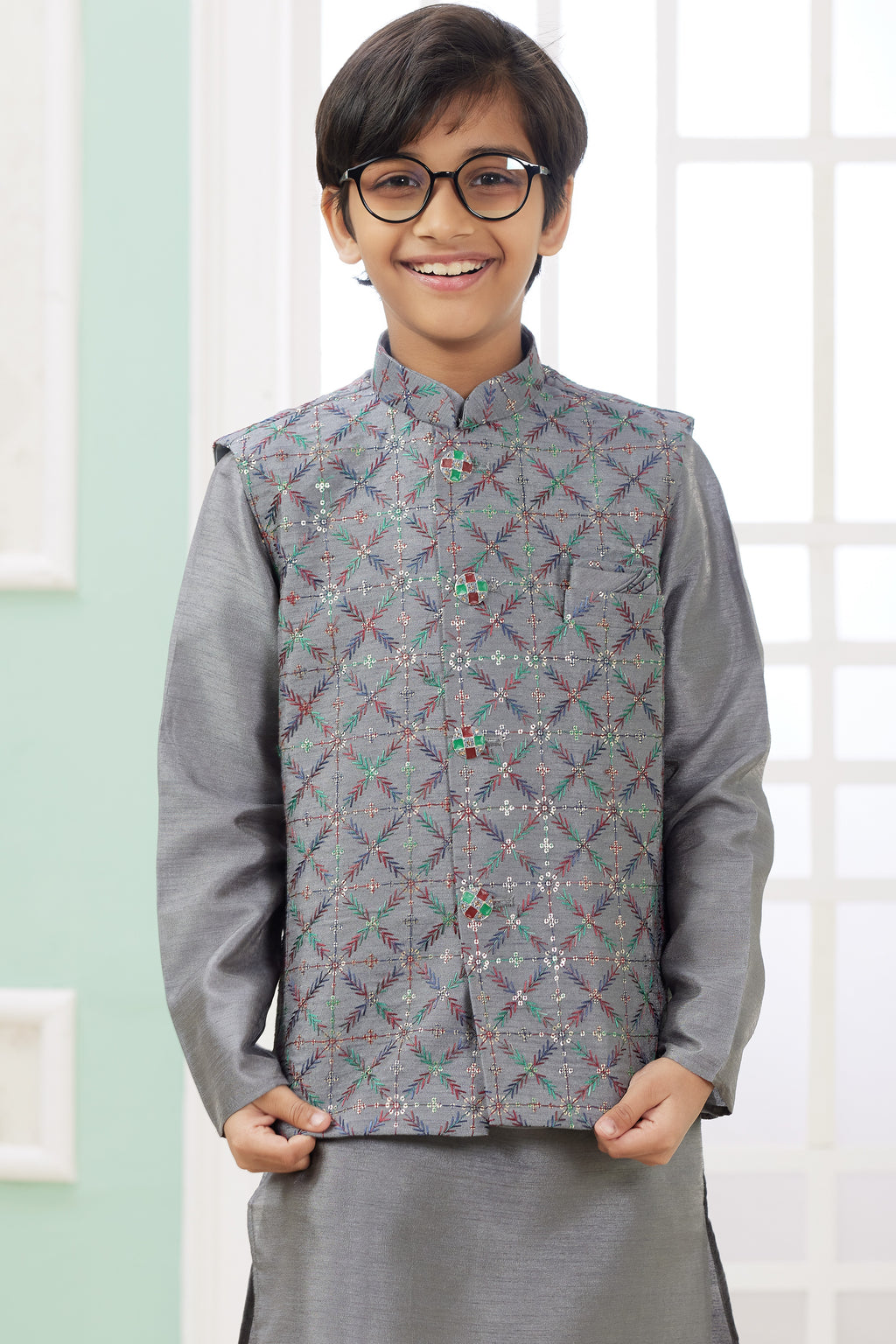 Gray Art Silk 3 Piece Kids Wear Boys Suit Kurta Pajama with Waistcoat Nehru Jacket for Kids for Festivals & Wedding - Embroidery Work
