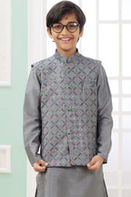 Gray Art Silk 3 Piece Kids Wear Boys Suit Kurta Pajama with Waistcoat Nehru Jacket for Kids for Festivals & Wedding - Embroidery Work