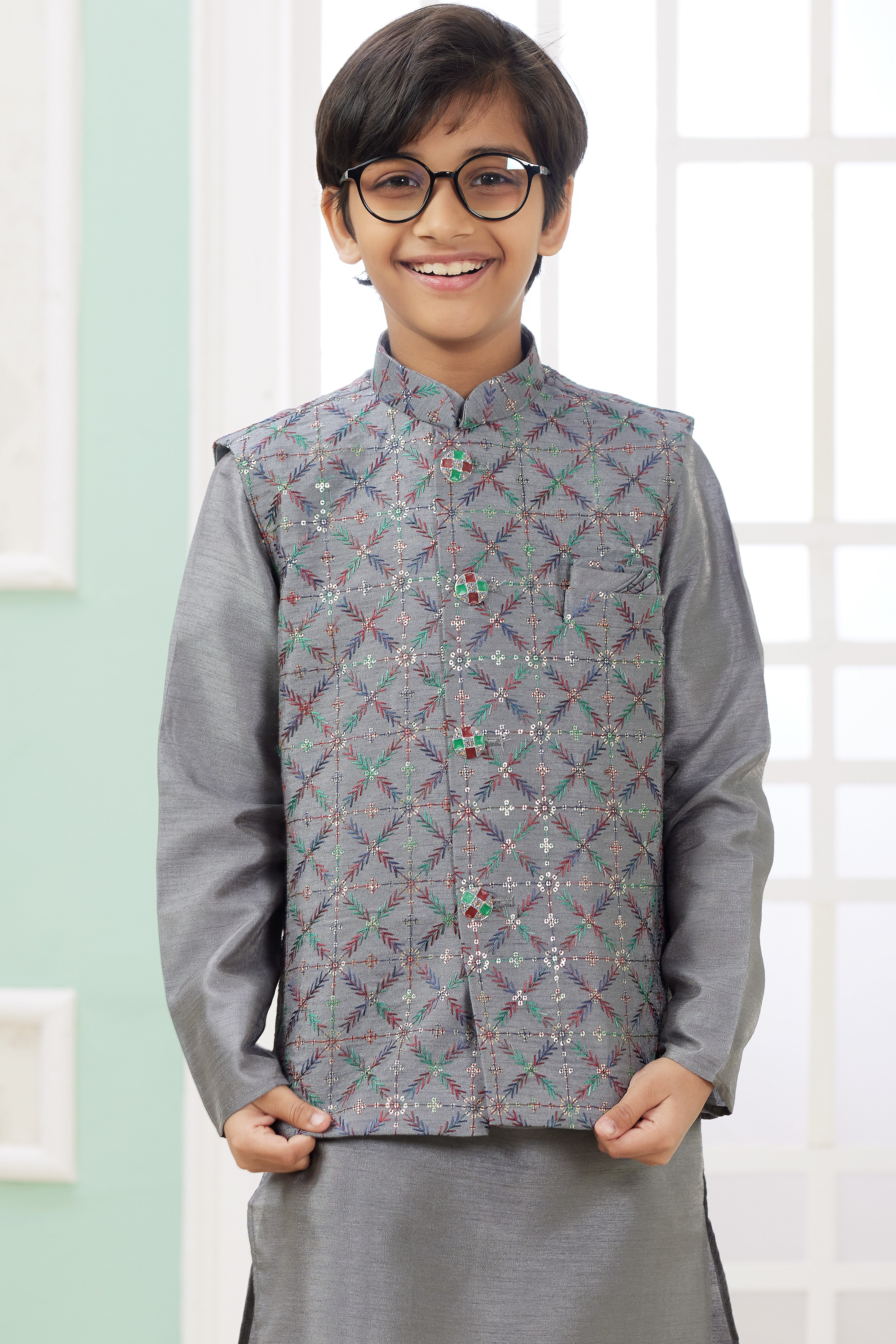 Gray Art Silk 3 Piece Kids Wear Boys Suit Kurta Pajama with Waistcoat Nehru Jacket for Kids for Festivals & Wedding - Embroidery Work