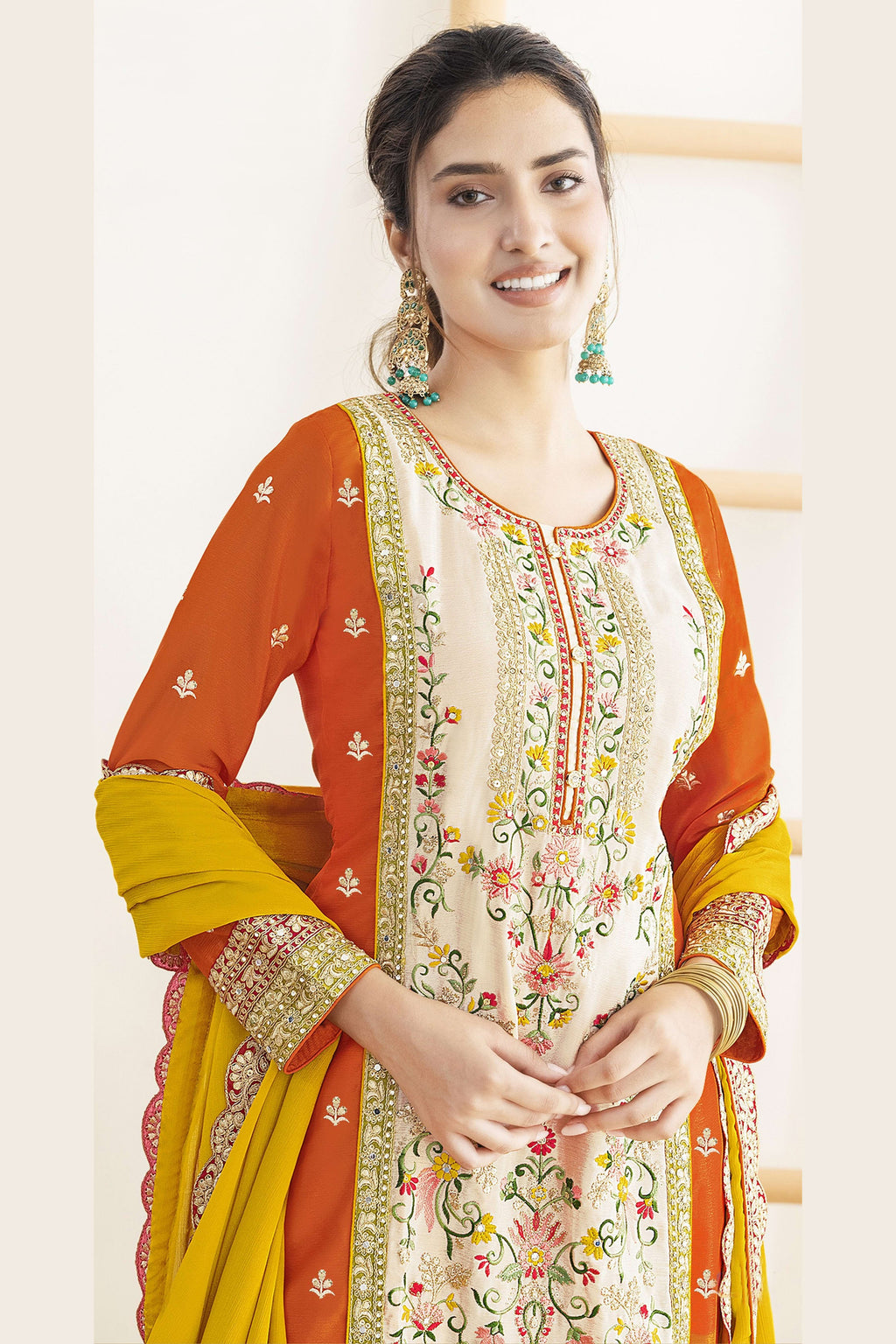 Orange Chinon Silk Palazo Suit Dress For Indian & Pakistani Wedding Festival - Real Mirror Work, Sequence Embroidery Work, Dori Work