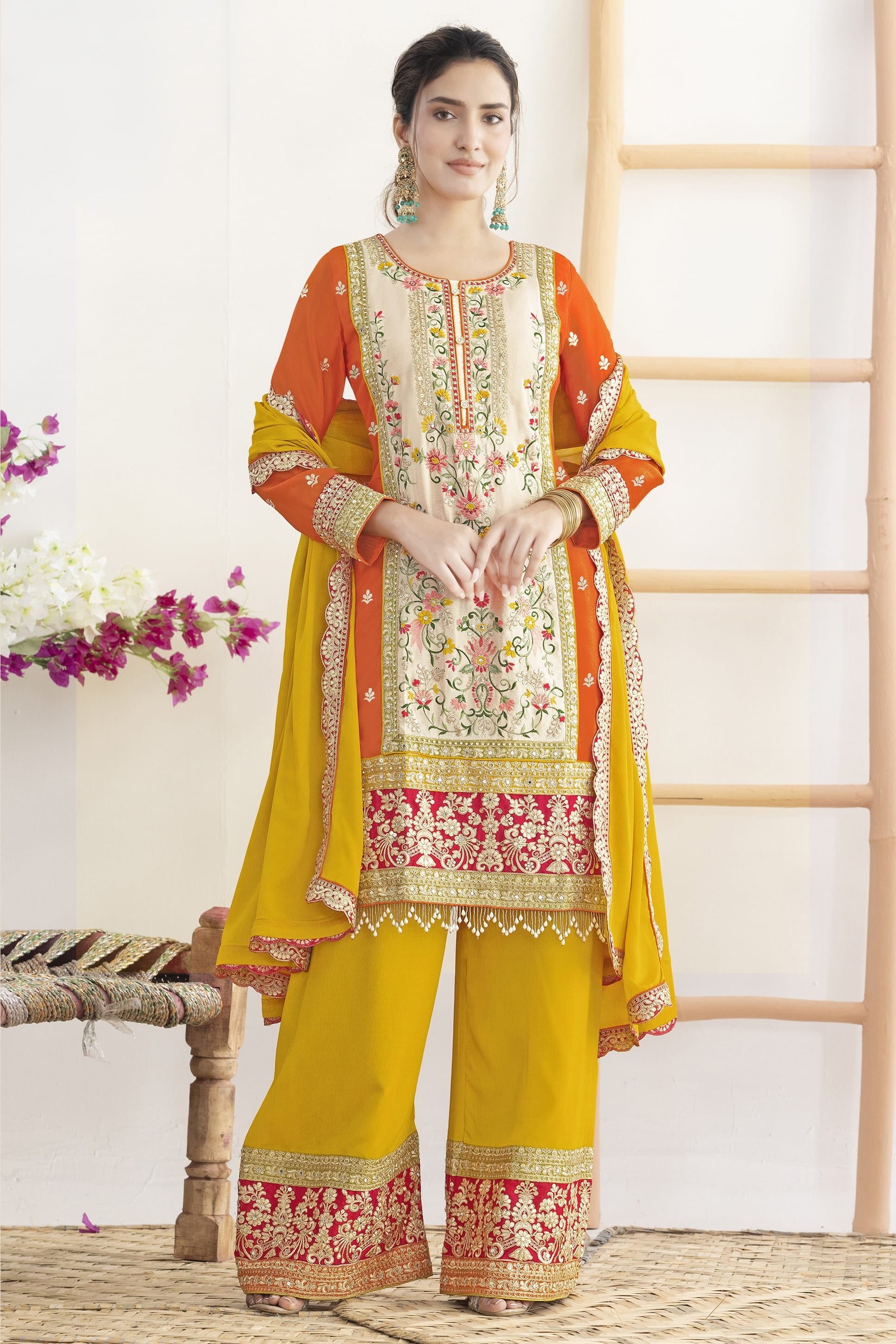 Orange Chinon Silk Palazo Suit Dress For Indian & Pakistani Wedding Festival - Real Mirror Work, Sequence Embroidery Work, Dori Work