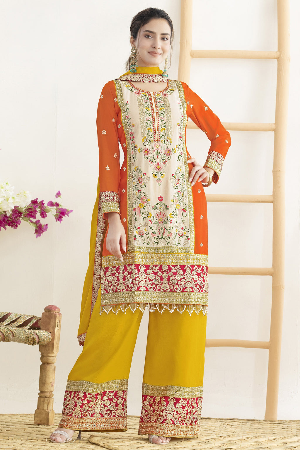 Orange Chinon Silk Palazo Suit Dress For Indian & Pakistani Wedding Festival - Real Mirror Work, Sequence Embroidery Work, Dori Work