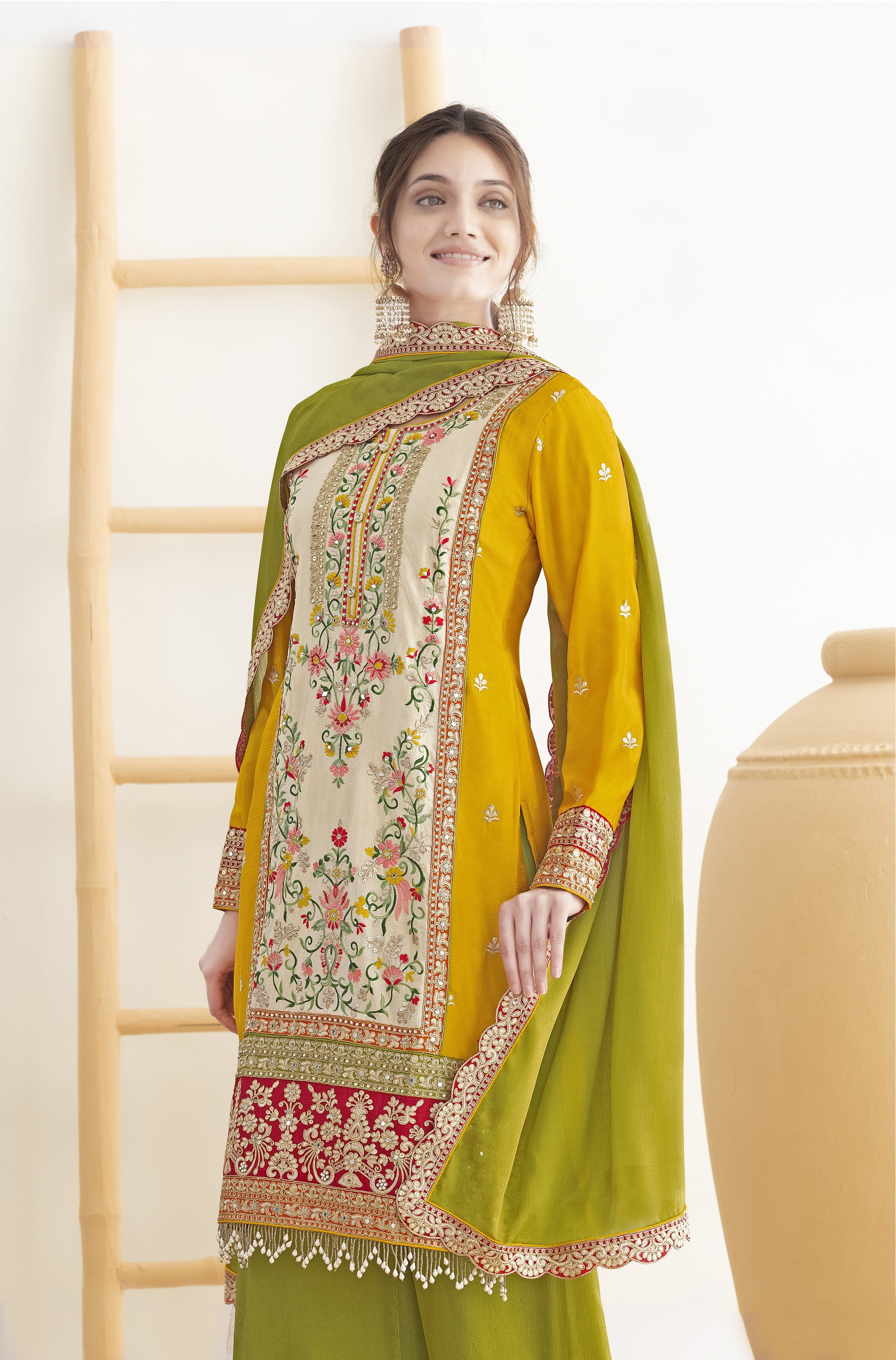 Yellow Chinon Silk Haldi Palazo Suit Dress For Indian & Pakistani Wedding Festival - Real Mirror Work, Sequence Embroidery Work, Dori Work