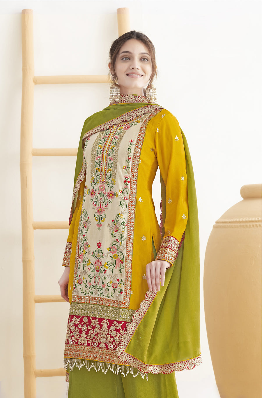 Yellow Chinon Silk Haldi Palazo Suit Dress For Indian & Pakistani Wedding Festival - Real Mirror Work, Sequence Embroidery Work, Dori Work