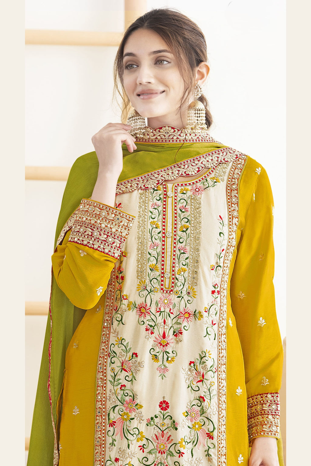 Yellow Chinon Silk Haldi Palazo Suit Dress For Indian & Pakistani Wedding Festival - Real Mirror Work, Sequence Embroidery Work, Dori Work