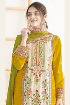 Yellow Chinon Silk Haldi Palazo Suit Dress For Indian & Pakistani Wedding Festival - Real Mirror Work, Sequence Embroidery Work, Dori Work
