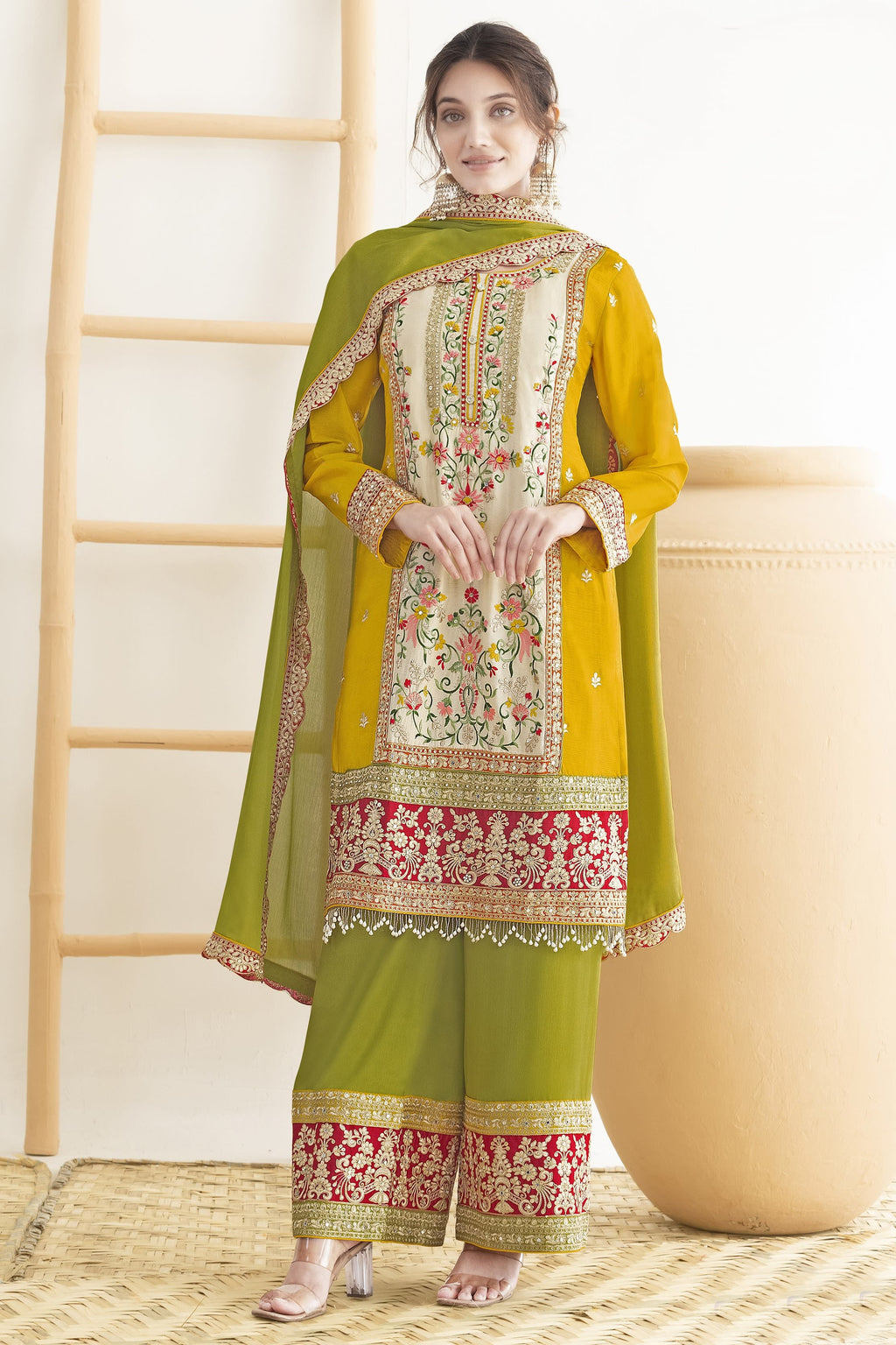 Yellow Chinon Silk Haldi Palazo Suit Dress For Indian & Pakistani Wedding Festival - Real Mirror Work, Sequence Embroidery Work, Dori Work