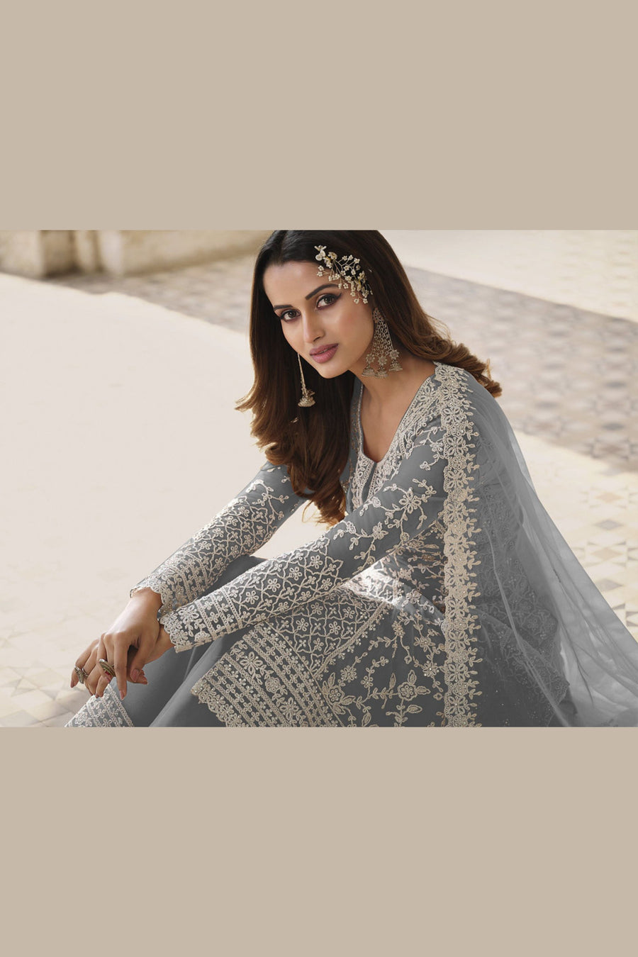 Gray Net & Cording Work Salwar Kameez Plazzo Suit For Indian Wedding & Festival - Embroidery Work, Cording Work