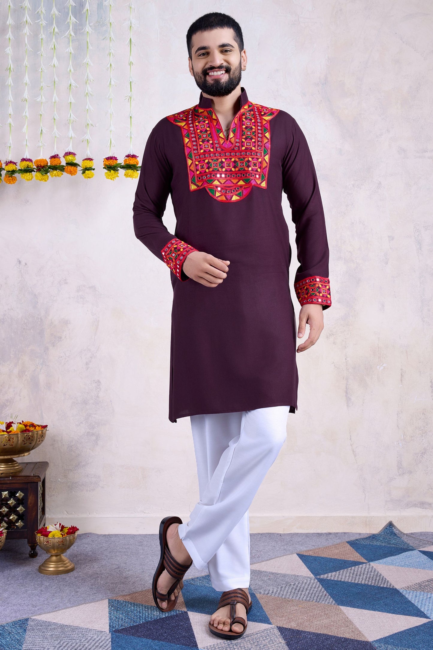 Purple Rayon Kurta Pyjama for Men For Navratri Garba Festivals - Embroidery Work, Real Mirror Work