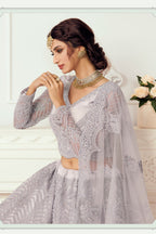 Silver Color Net Lehenga Choli For Indian Festivals & Weddings - Thread Embroidery Work, Codding Embroidery Work, Stone Work