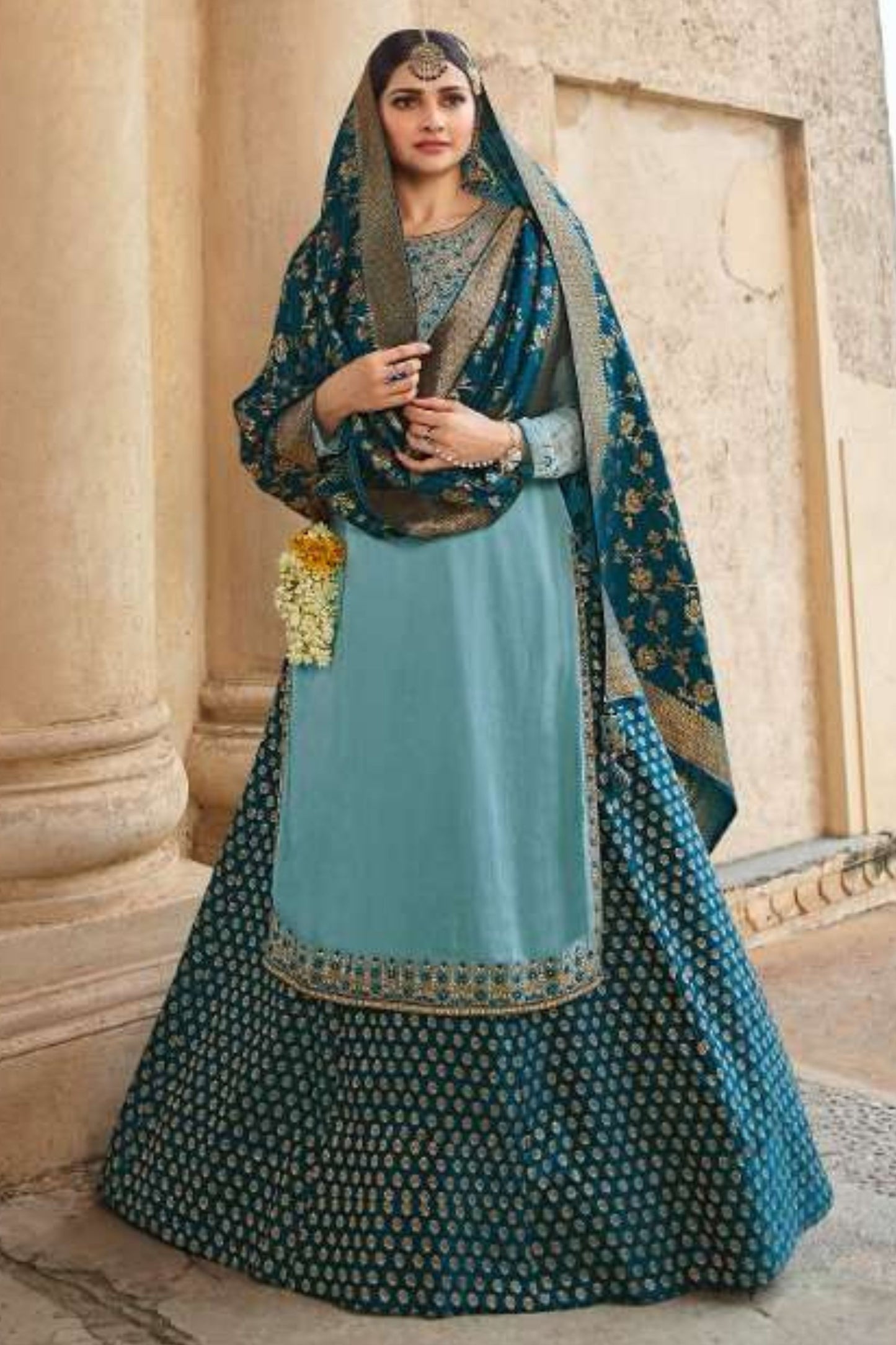 Turquoise Georgette Silk Plus Size Upto 9XL Size Kameez and Skirt Suit For Indian Wedding & Festival - Embroidery Work