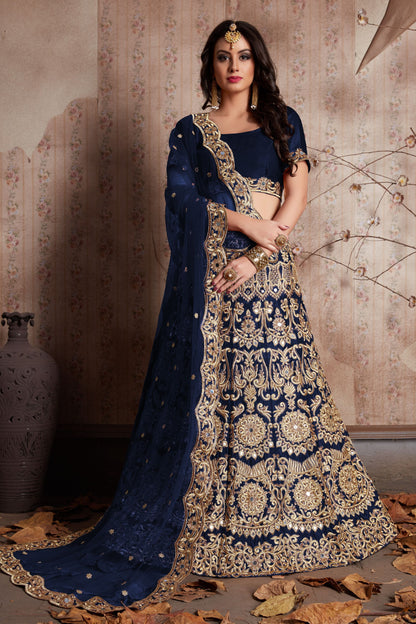 Navy Blue Velvet Silk Lehenga Choli For Indian Festival & Weddings - Sequence Embroidery Work, Mirror Work, Zari Work