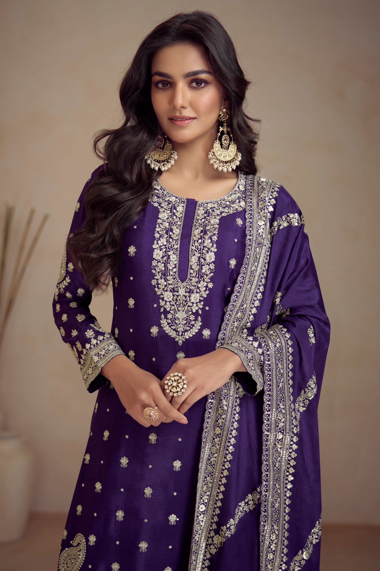 Affair Purple Chinon Silk Palazzo Suit For Indian Weddings & Pakitani Festival - Embroidery Work