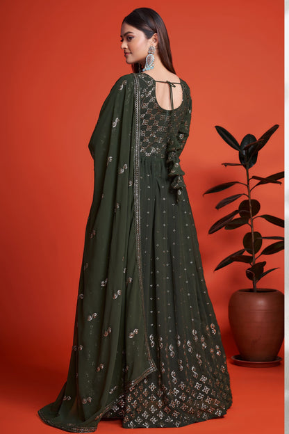 Green Pakistani Georgette Anarkali Gown For Indian Festivals & Weddings - Sequence Embroidery Work, Thread Embroidery Work,