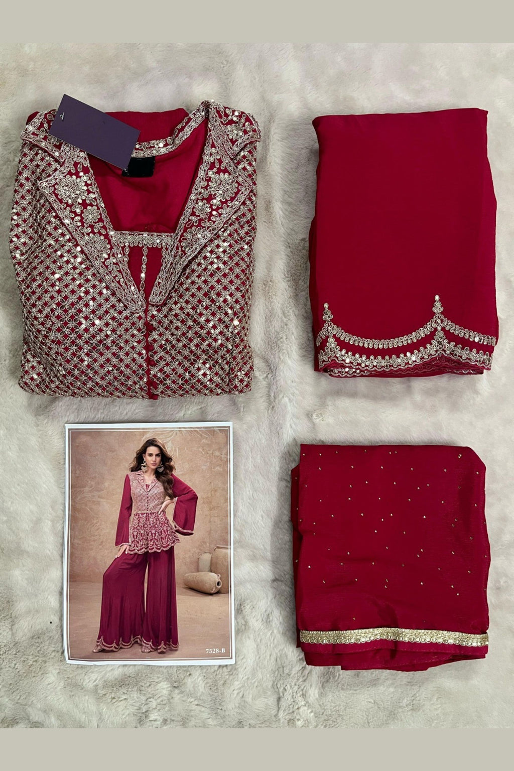 Red Chinon Silk Plazo Suit For Indian Weddings & Pakitani Festivals - Embroidery Work