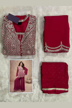 Red Chinon Silk Plazo Suit For Indian Weddings & Pakitani Festivals - Embroidery Work