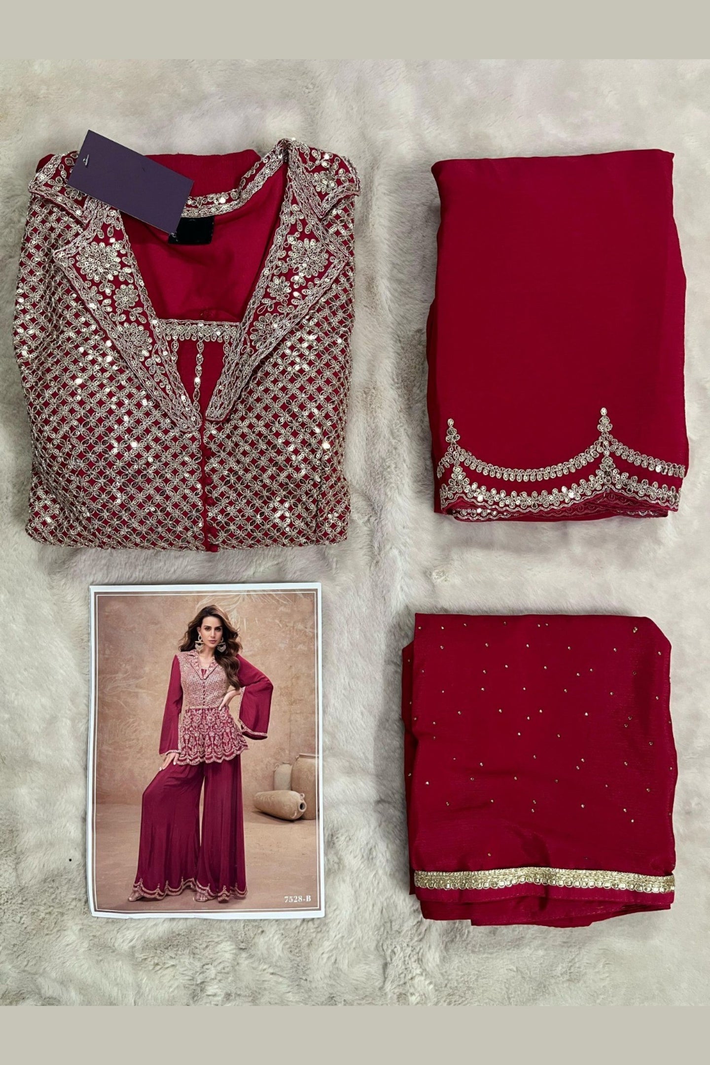 Red Chinon Silk Plazo Suit For Indian Weddings & Pakitani Festivals - Embroidery Work