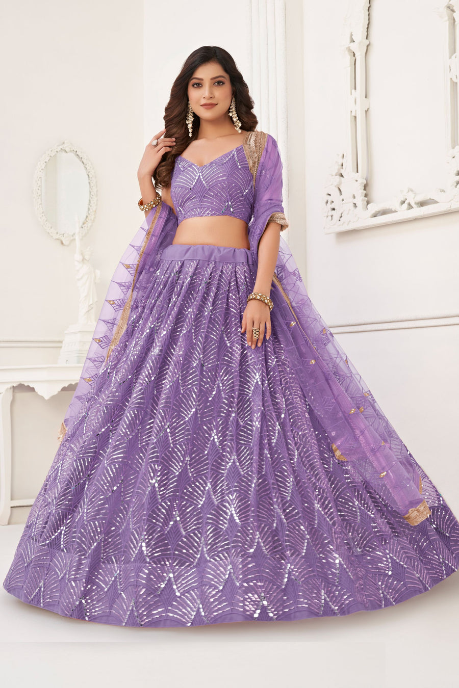 Purple Net Embroidered Lehenga Choli For Indian Festival & Weddings - Embroidery Work